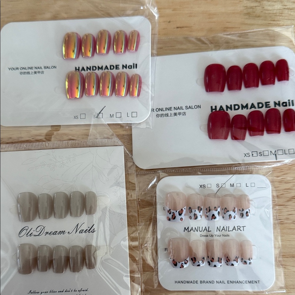 Handmade Nail Press-Ons Set - Red, Gold Chrome, Taupe, Nude Leopard